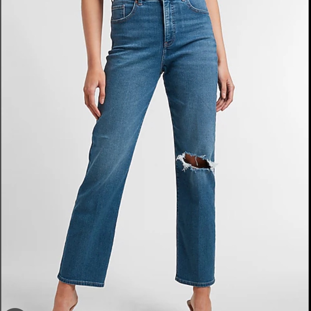 Express High Rise Blue Jeans with Distressed Knee